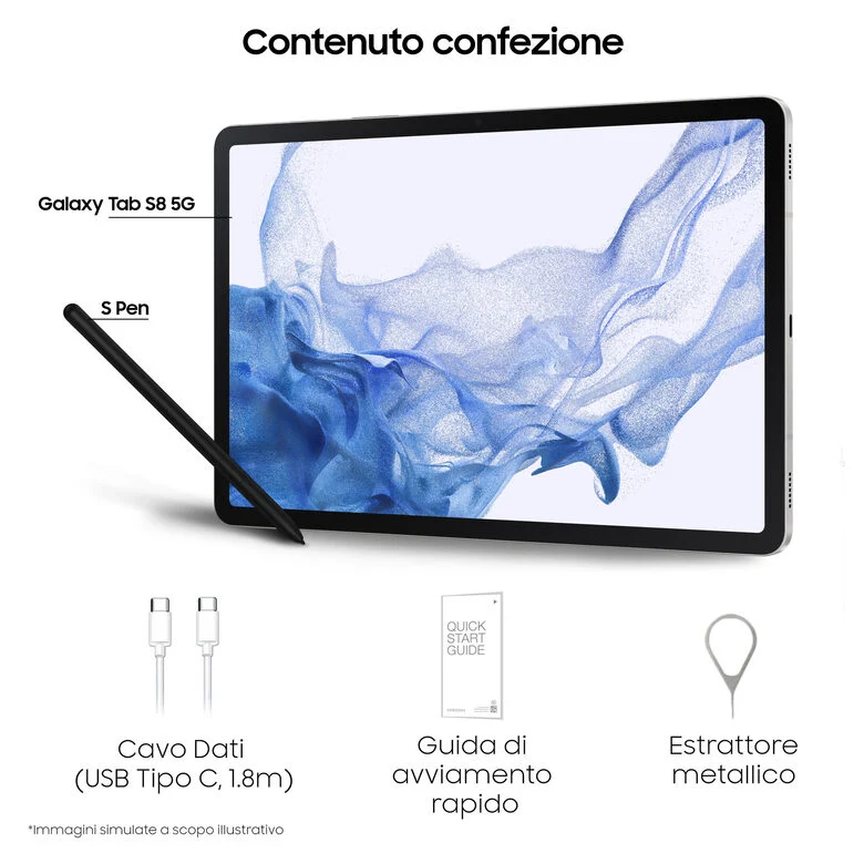 Samsung Galaxy Tab S8 Tablet Android 11 Pollici 5G RAM 8 GB 128 GB Tablet Android 12 Silver