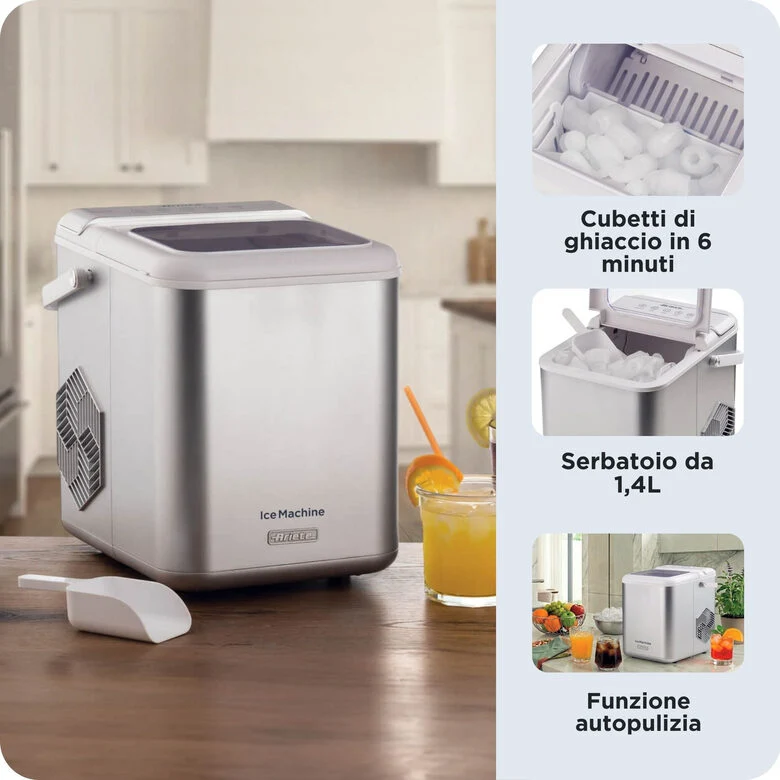 Ariete 651 Ice Machine, Macchine per fare il ghiaccio, 9 cubetti di ghiaccio in 6 minuti, 1,4L, Cubetti grandi e piccoli, Funzione autopulizia